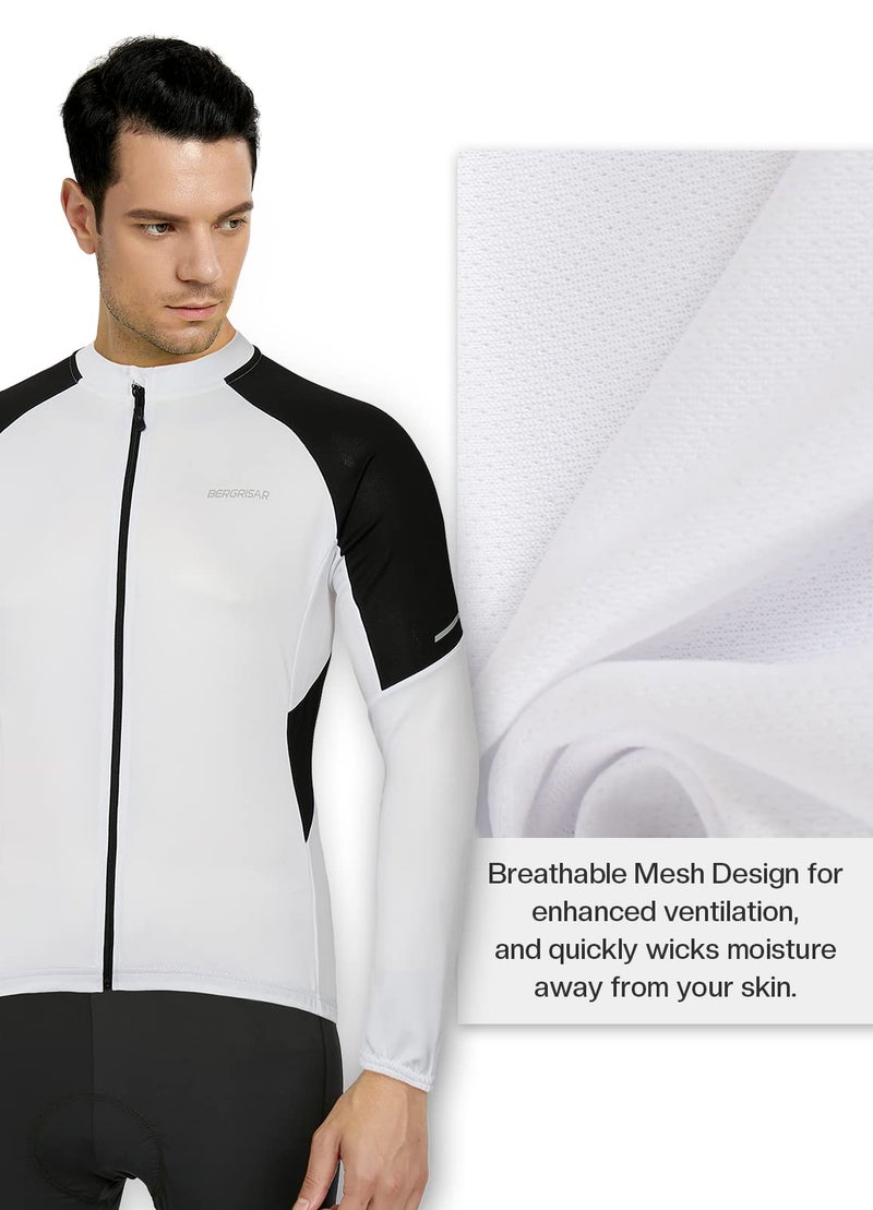 BERGRISAR Men's Basic Cycling Jerseys Long Sleeves Bike Bicycle Shirt Zipper Pockets BG012 White Size XX-Large - Image 2